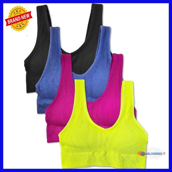 4-Pack Ribbed Bralette Crop Top Sports Bra Medium Support